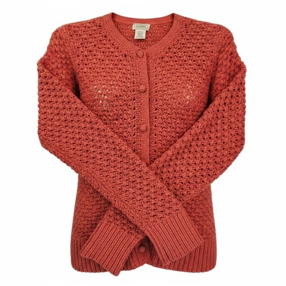 LL Bean Med. Red Wool Angora Blend Chunky Open Knit Cardigan Sweater Cottagecore